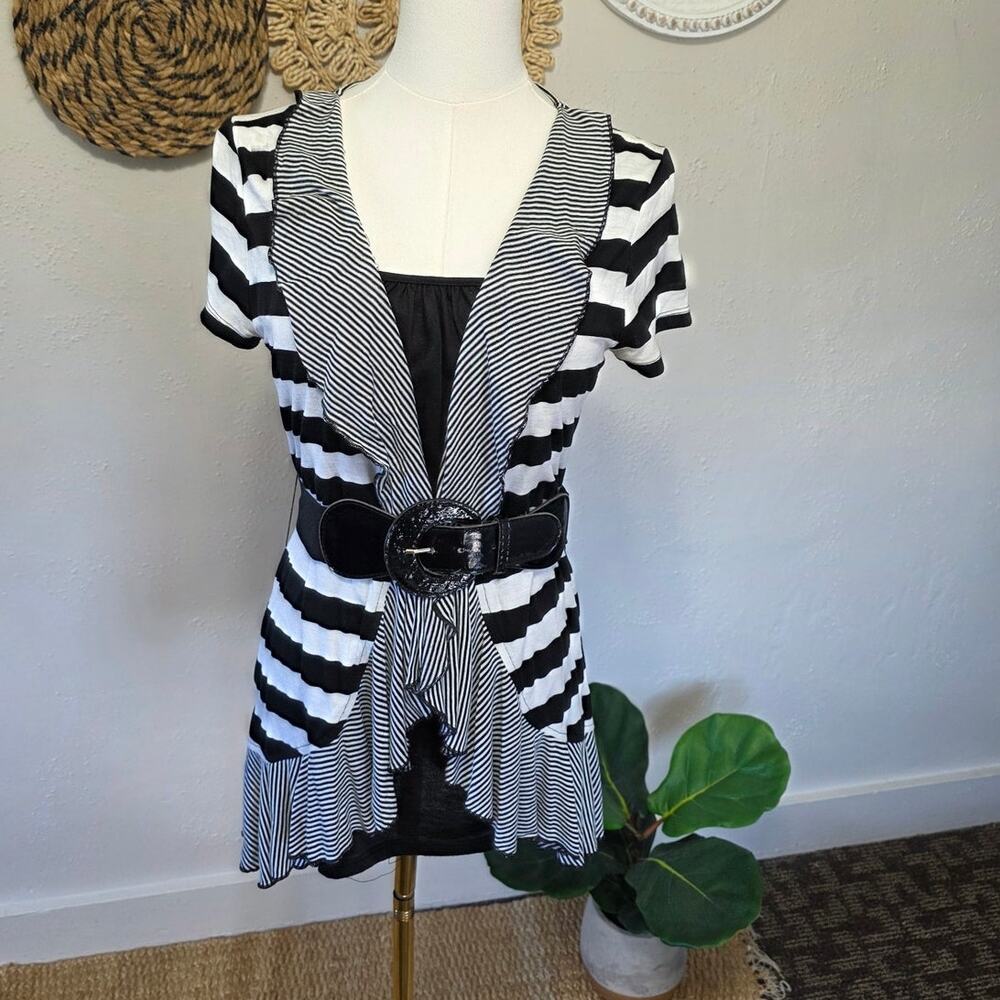Vintage y2k Cato One Piece Ruffled Striped Black & White Belted Top Womens M